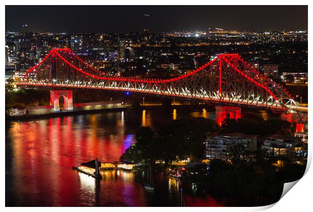 Aerial view of Story Bridge lit after dark Print by Andrew Michael