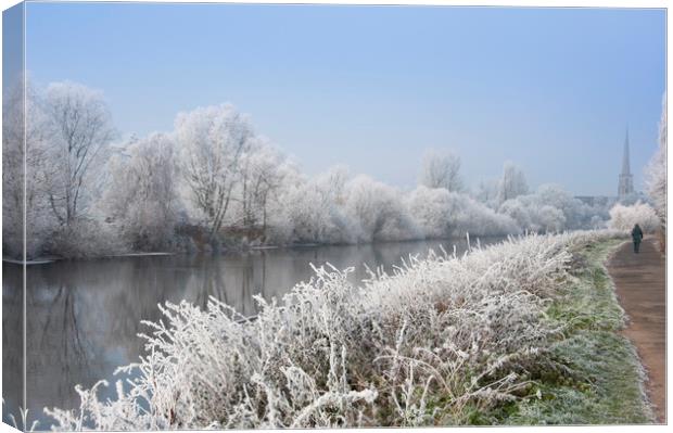 Walk along a scenic river Severn on a frosty morni Canvas Print by Andrew Michael