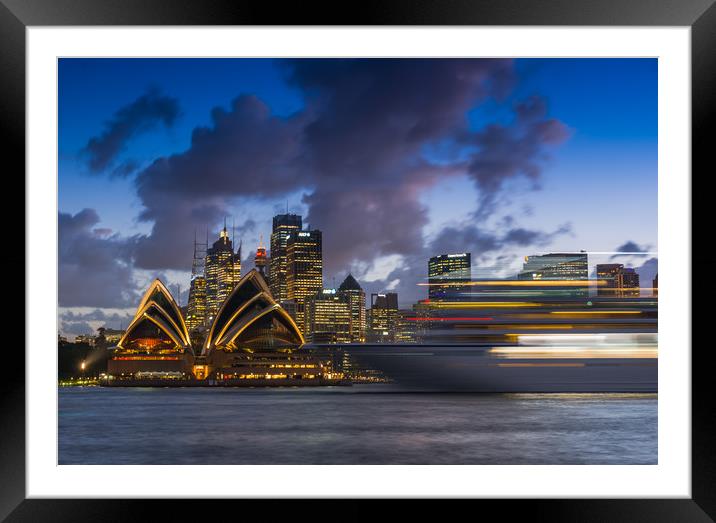 Ship on Sydney harbour at dusk Framed Mounted Print by Andrew Michael