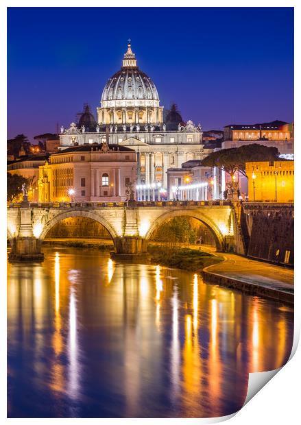 St Peter's Cathedral and Vatican city seen at dusk Print by Andrew Michael