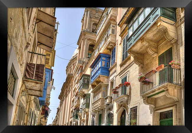 Balconies in Valletta Framed Print by David Stanforth