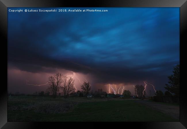Multiple lightning strikes under dramatic sky Framed Print by Łukasz Szczepański