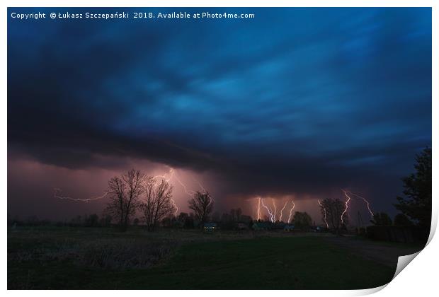 Multiple lightning strikes under dramatic sky Print by Łukasz Szczepański