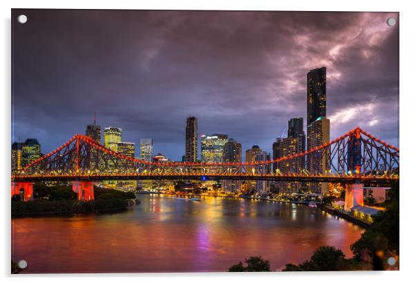 Story Bridge lit up after dark with Brisbane city  Acrylic by Andrew Michael