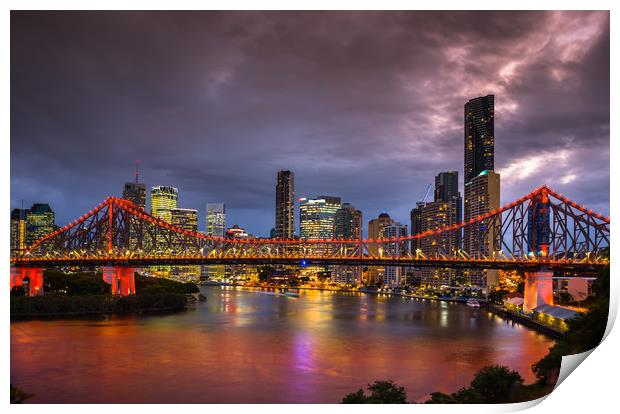 Story Bridge lit up after dark with Brisbane city  Print by Andrew Michael
