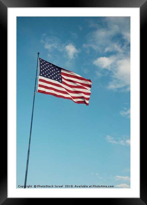 Americav flag with clouds and blue sky background Framed Mounted Print by PhotoStock Israel