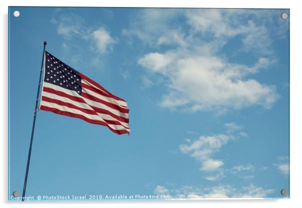 Americav flag with clouds and blue sky background Acrylic by PhotoStock Israel