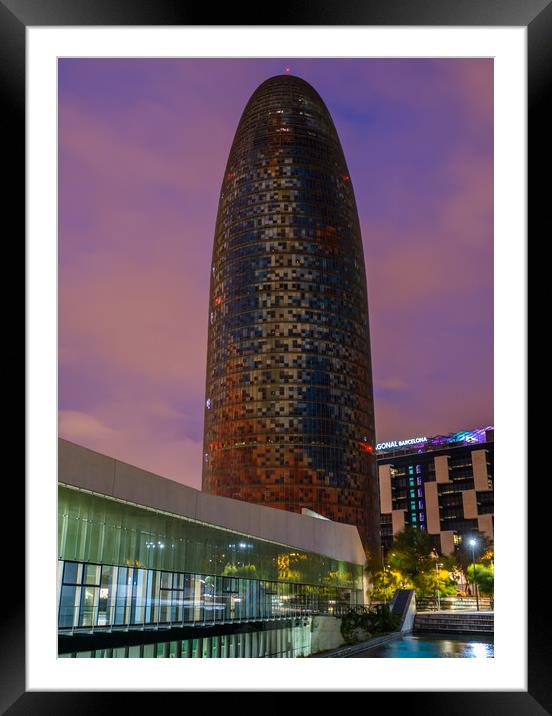Night view of Torre Agbar Framed Mounted Print by Andrew Michael
