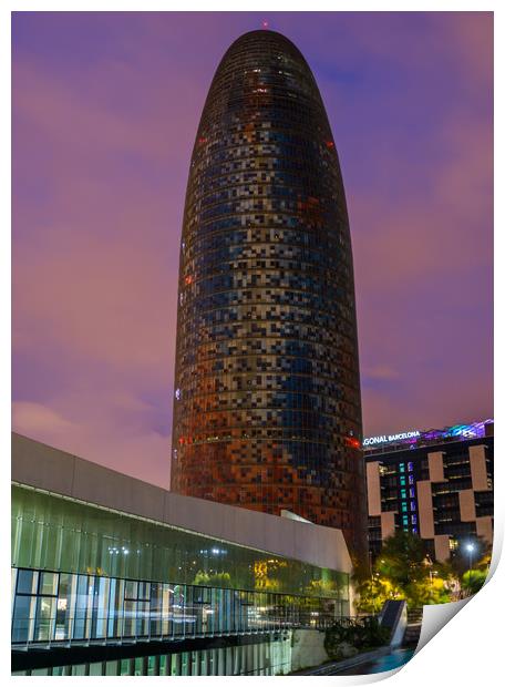 Night view of Torre Agbar Print by Andrew Michael