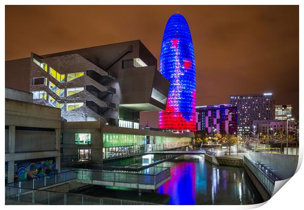 Night scene with Torre Agbar Print by Andrew Michael