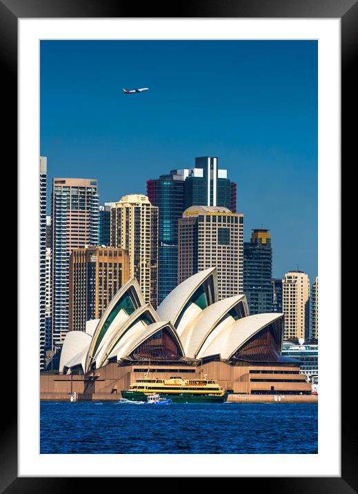 Ferry, water taxi and airplane passing by Framed Mounted Print by Andrew Michael