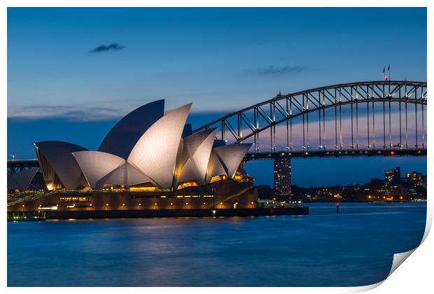 Sydney Opera House and Harbour bridge after sunset Print by Andrew Michael