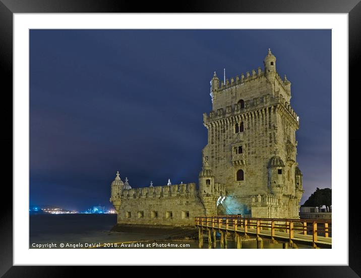 Torre de Belem view at night in Lisbon Framed Mounted Print by Angelo DeVal