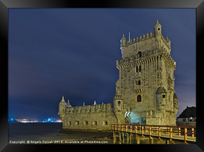 Torre de Belem view at night in Lisbon Framed Print by Angelo DeVal