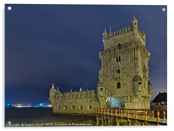 Torre de Belem view at night in Lisbon Acrylic by Angelo DeVal