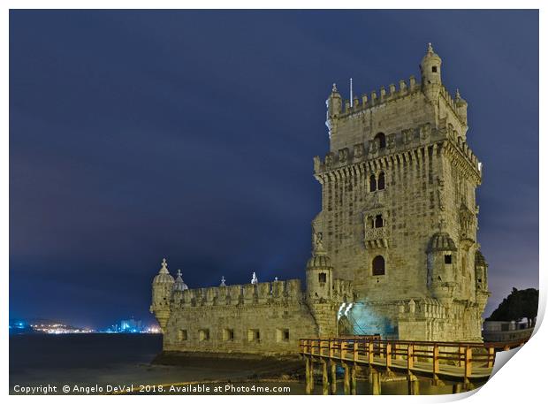 Torre de Belem view at night in Lisbon Print by Angelo DeVal