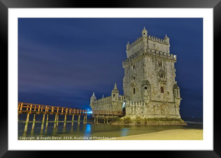 Torre de Belem at night in Lisbon Framed Mounted Print by Angelo DeVal
