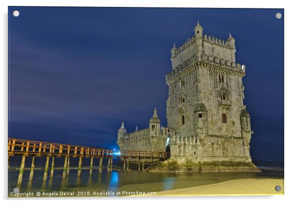 Torre de Belem at night in Lisbon Acrylic by Angelo DeVal
