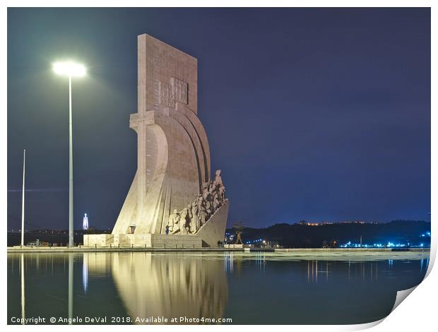 Padrao dos Descobrimentos view at night in Lisbon Print by Angelo DeVal