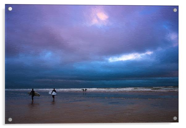 Surfers on Inch beach Strand Acrylic by Andrew Michael
