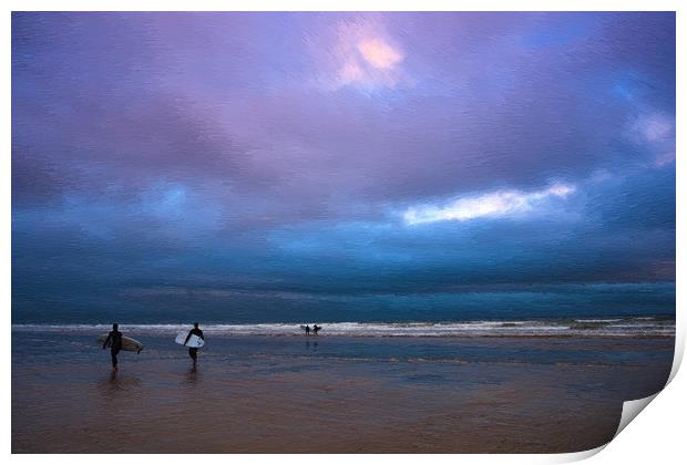 Surfers on Inch beach Strand Print by Andrew Michael