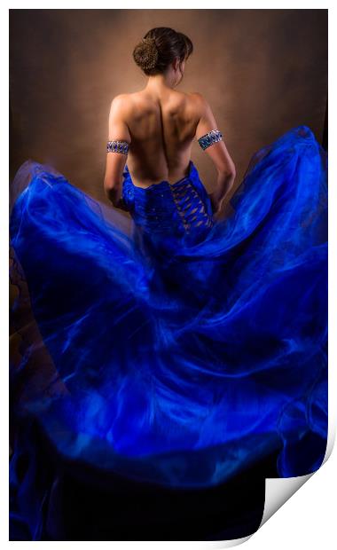 Woman In A Billowing Blue Gown Print by Maggie McCall