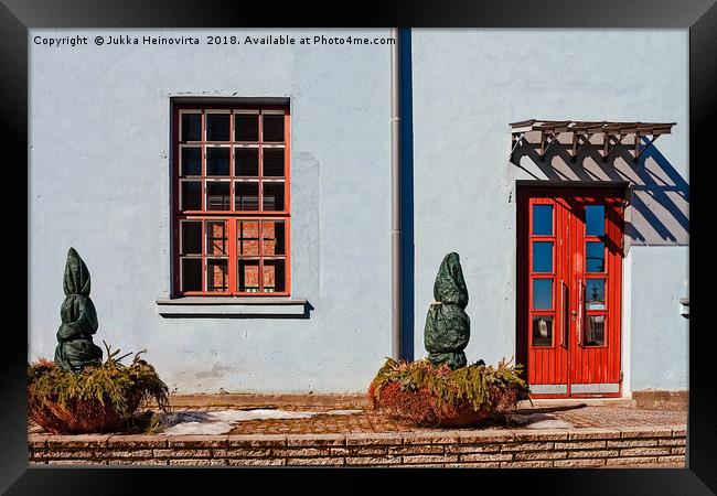 Red Window And Door On A Blue Wall Framed Print by Jukka Heinovirta