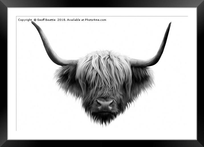Highland cow cattle black and white abstract art Framed Mounted Print by Geoff Beattie