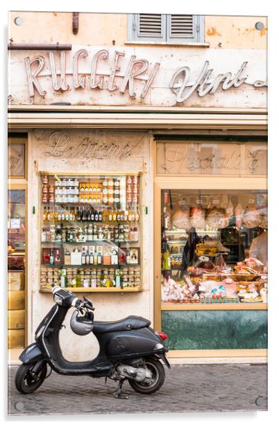 Vespa scooter outside traditional Grocery store Acrylic by Andrew Michael