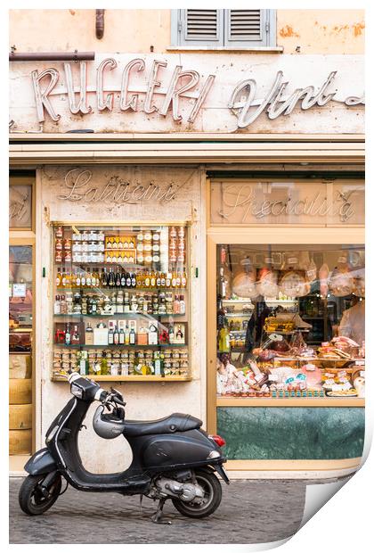 Vespa scooter outside traditional Grocery store Print by Andrew Michael