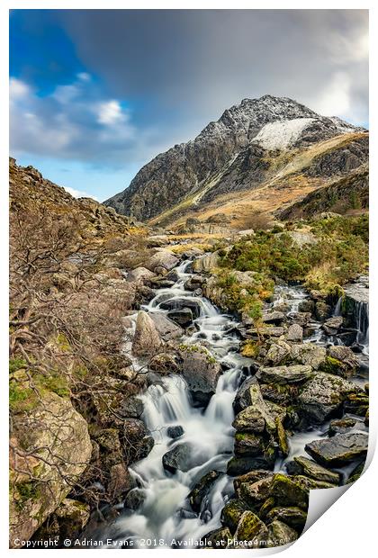 Tryfan and Ogwen Falls Print by Adrian Evans