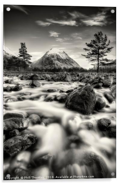 The Alt Fhaolain and Stob na Broige, Glen Etive. Acrylic by Phill Thornton