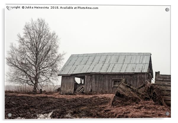 Barn House On The Rainy Fields Acrylic by Jukka Heinovirta