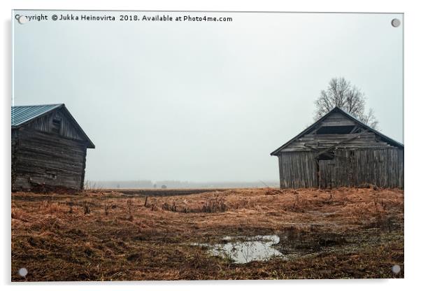 Two Old Barn Houses On The Rainy Fields Acrylic by Jukka Heinovirta