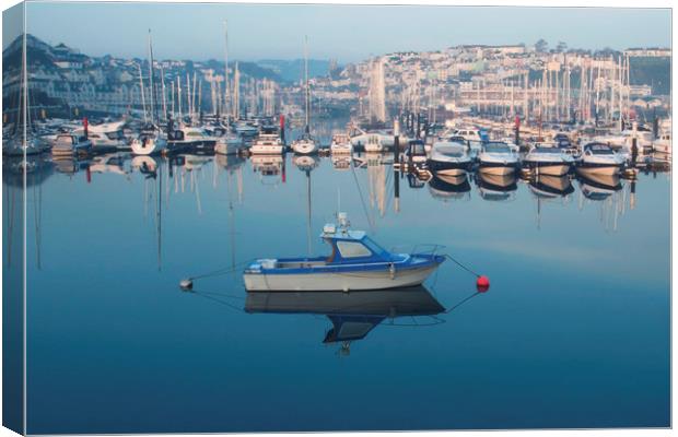 Sunrise over boats moored in Brixham harbour Canvas Print by Steve Mantell