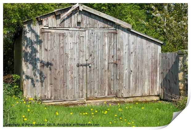Weathered wooden out building garage in the Englis Print by Peter Jordan