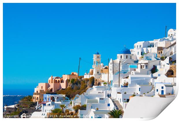 Whitewashed Santorini against the deep blue sky Print by Madhurima Ranu