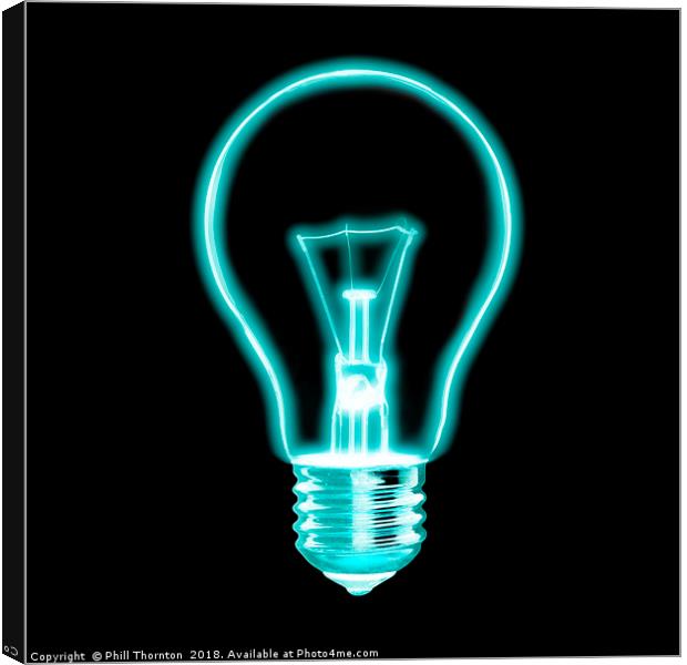 Outline of glowing electric light blue Light bulb, Canvas Print by Phill Thornton
