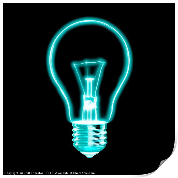 Outline of glowing electric light blue Light bulb, Print by Phill Thornton