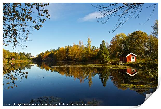 Little red hut on a lake Print by Carmen Goulden