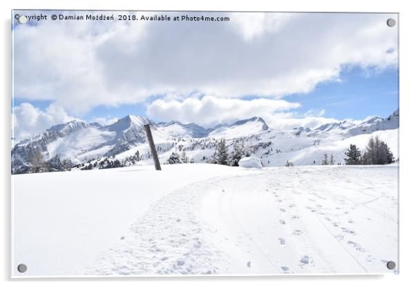 Snowy Mountain Chain - Cavalese Paion, Italy   Acrylic by Damian Możdżeń