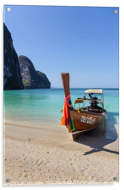 Long tail boat on white sand beach Acrylic by Kevin Hellon