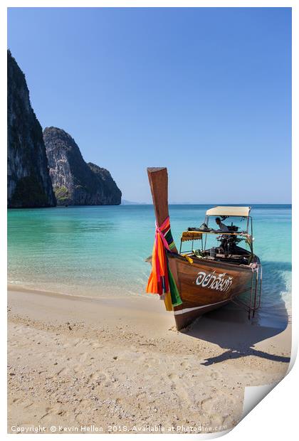 Long tail boat on white sand beach Print by Kevin Hellon