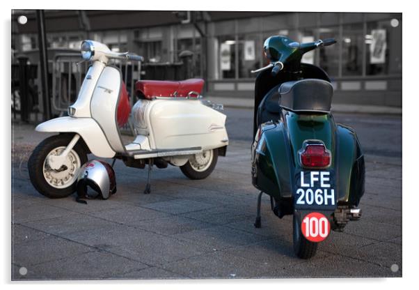 Vespa Sprint and Lambretta Li in town Acrylic by Donnie Canning