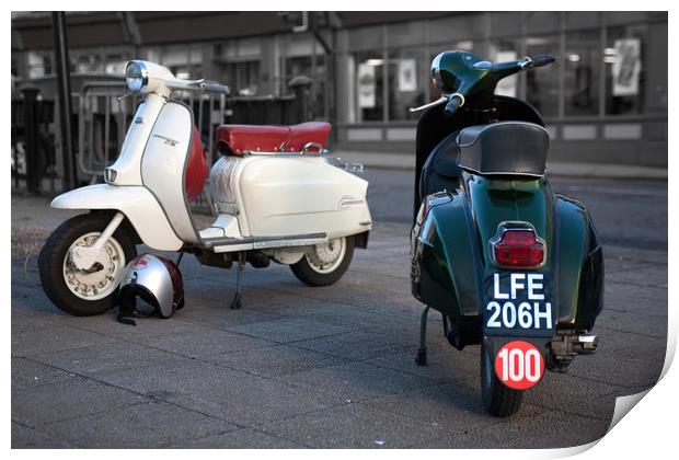 Vespa Sprint and Lambretta Li in town Print by Donnie Canning