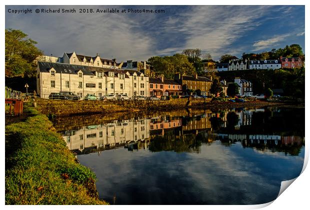 Beaumont Crescent reflected in Loch Portree. Print by Richard Smith