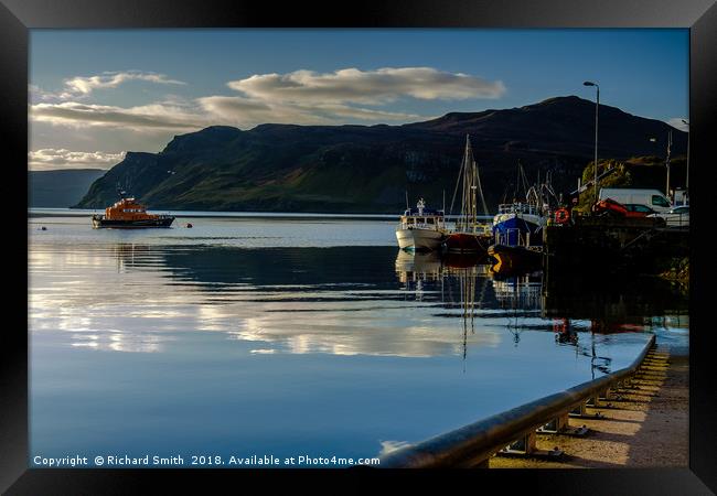 Moored to Portree pier at first sunlight Framed Print by Richard Smith