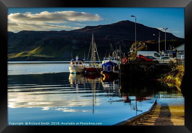Moored to Portree pier at first sunlight #2 Framed Print by Richard Smith