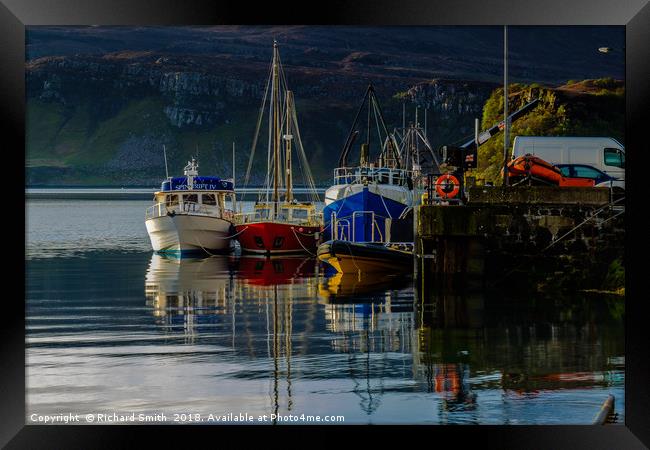 Moored to Portree pier at first sunlight #3 Framed Print by Richard Smith