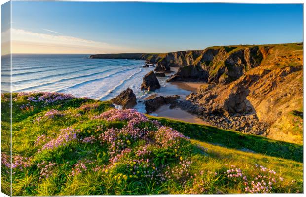Bedruthan Steps Cornwall in Spring Canvas Print by Michael Brookes